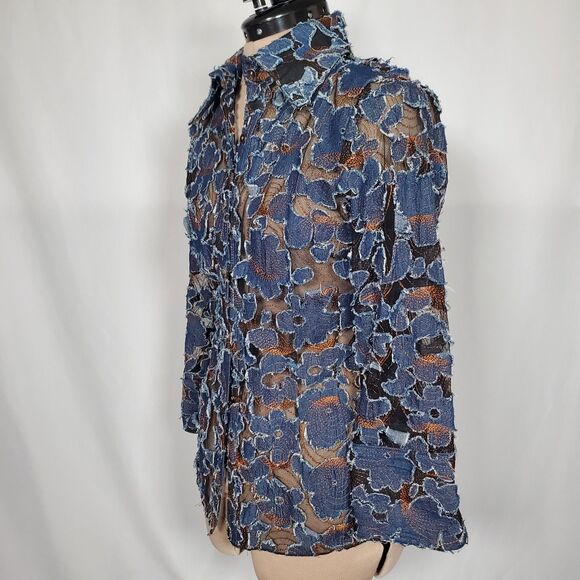Mishca Women's Shirt Small Blue Denim Distressed Applique on Mesh Embroidered - Picture 3 of 12